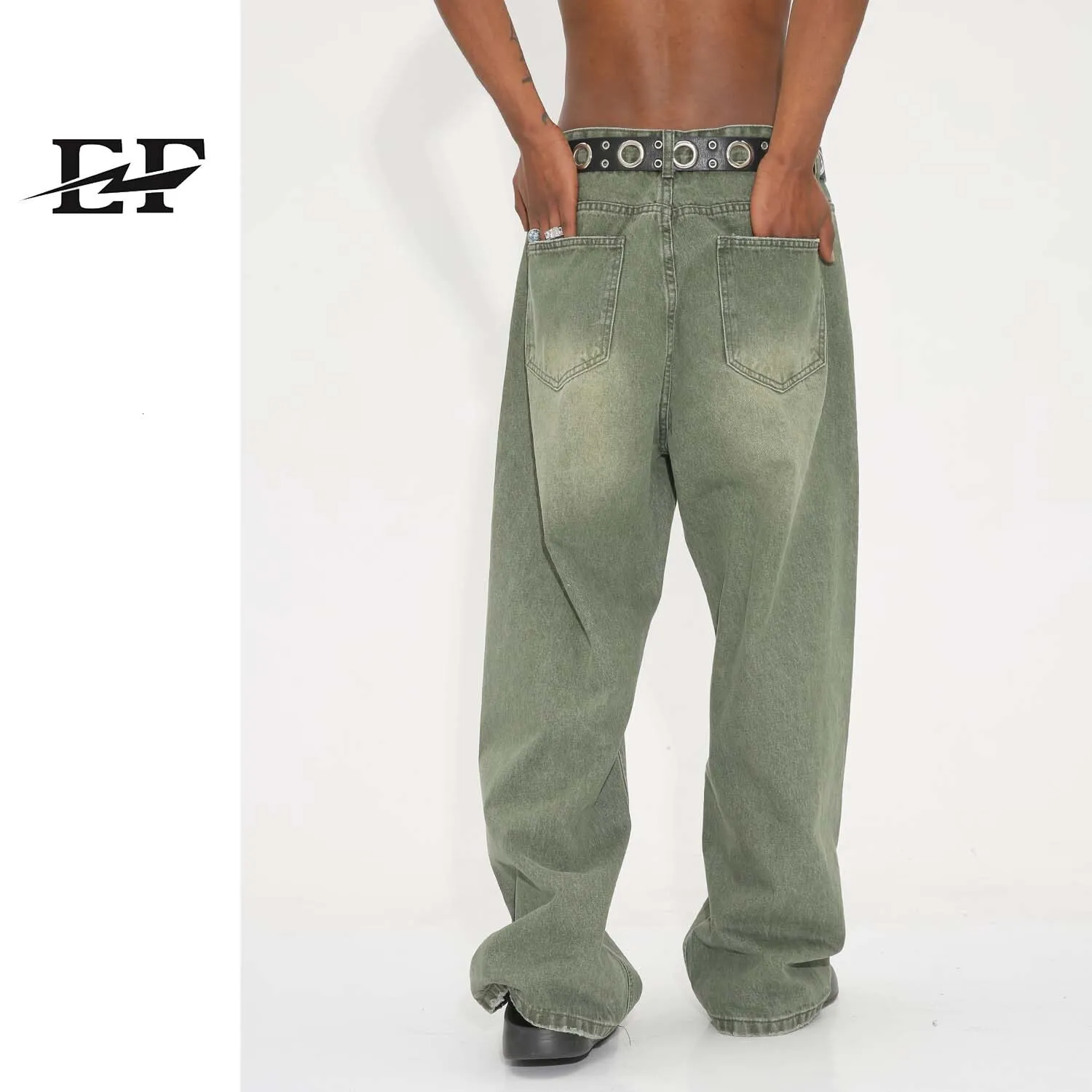Green Washed Cotton Jeans with Zipper Placket Mid Rise Waist for