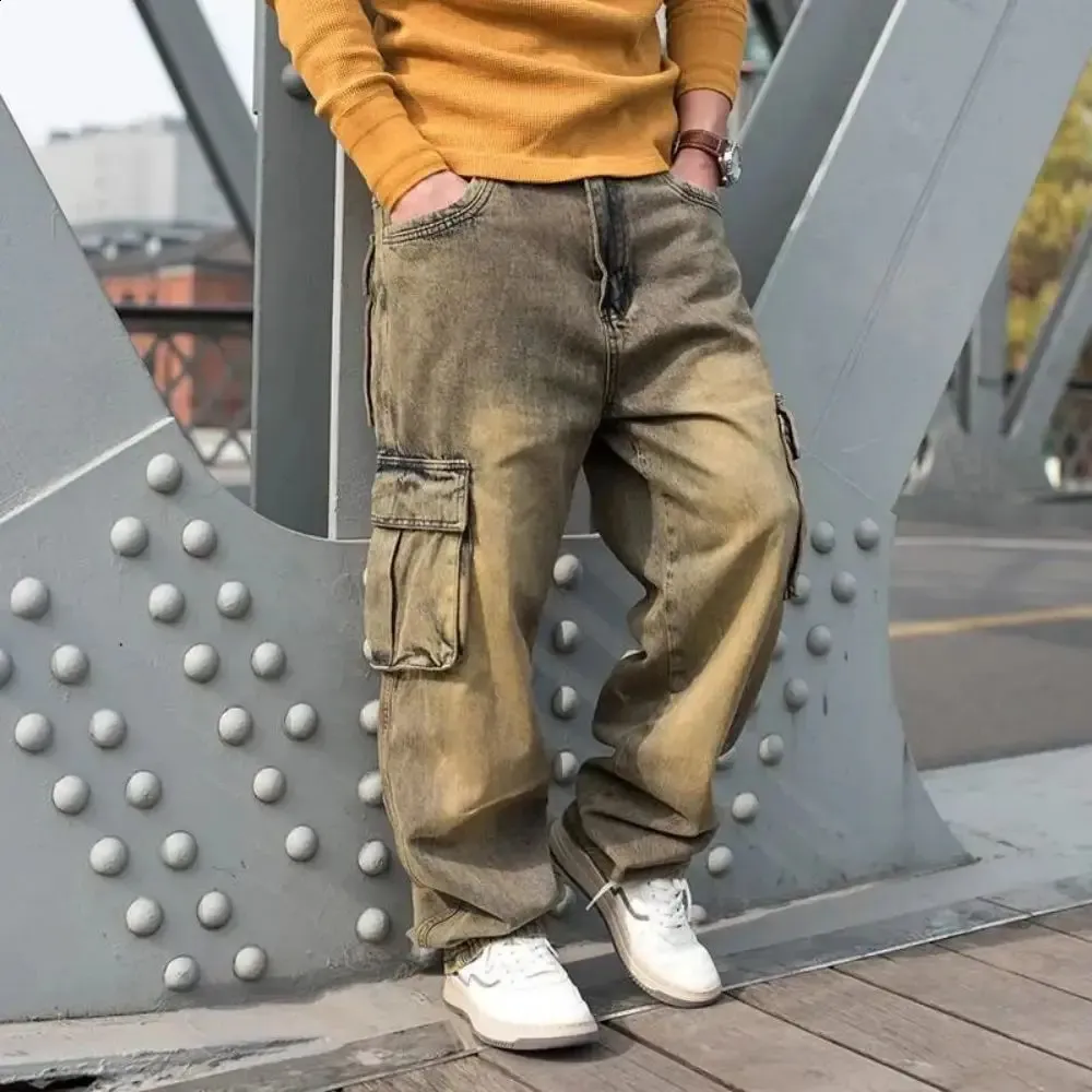 Denim Cargo Trousers: Mens Casual Loose Fit Hiphop Jeans, Baggy