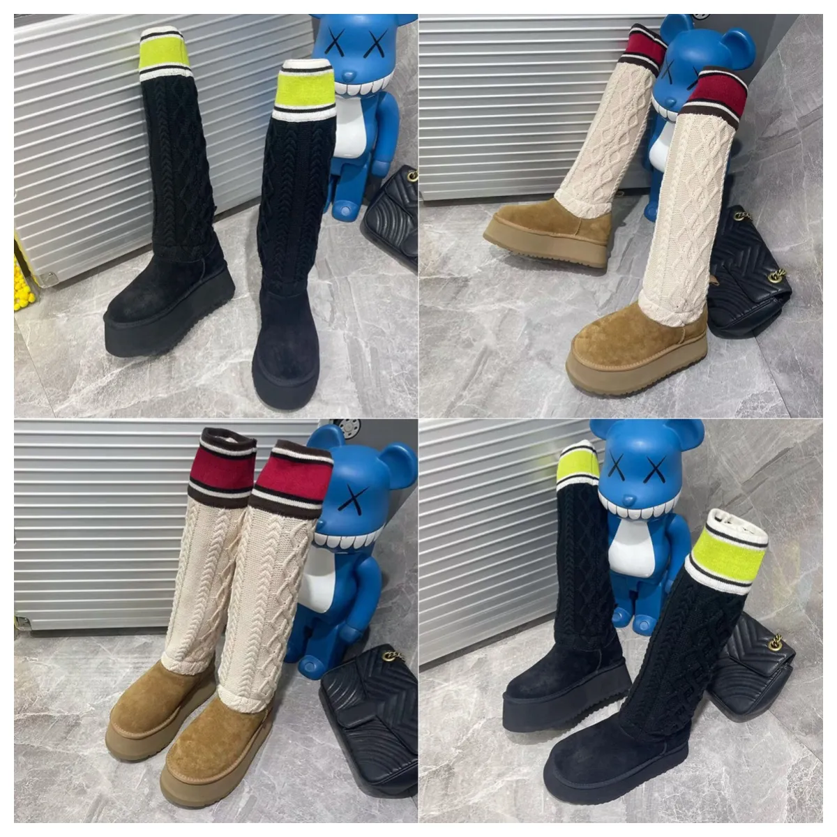 Winter Knitted elastic Socks Boots suede flat Thick Bottom mixed color Snow Boots knee high boots women long Booties platform shoes Warm cotton shoes