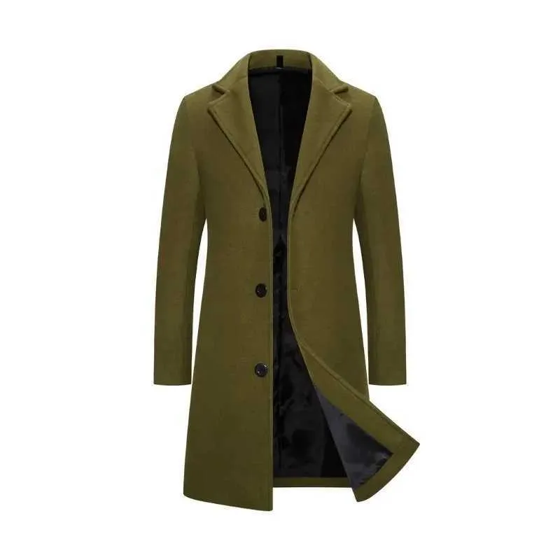Mens medium length wool single breasted trench coat jacket with