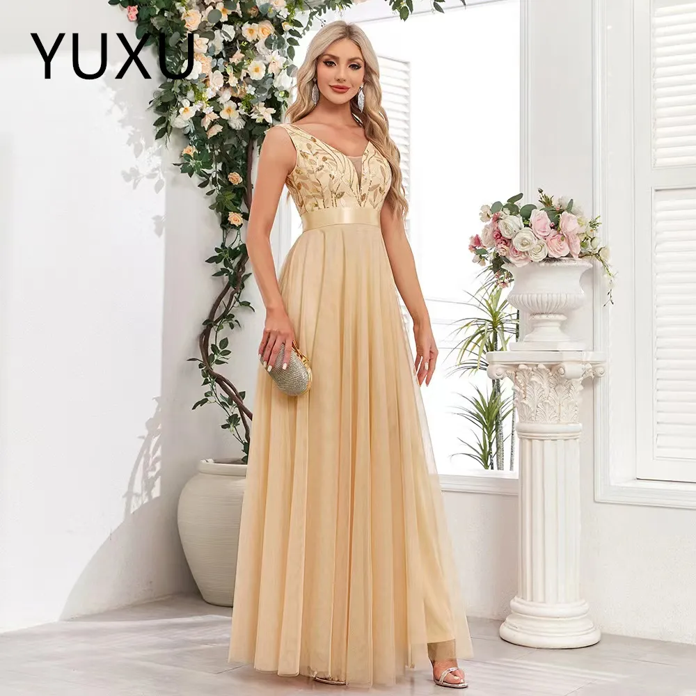 blue dress for baby girl Chic A-line Straps Gold Applique Long Prom Dresses Elegant Evening Dre –  SELINADRESS main image 0