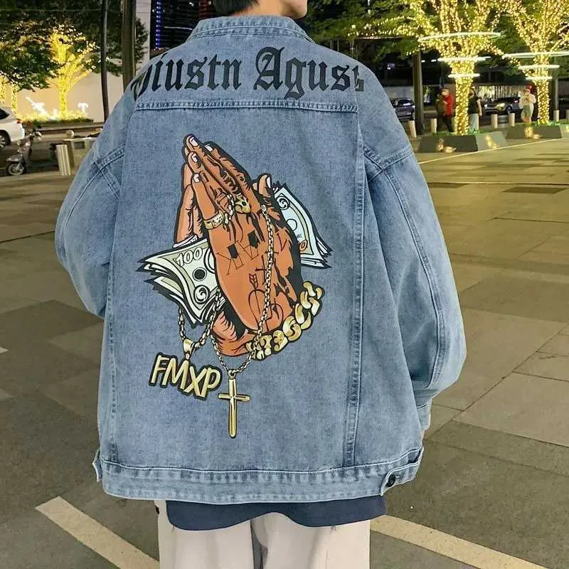 Harajuku oversized printed denim jacket mens Y2K high street trend