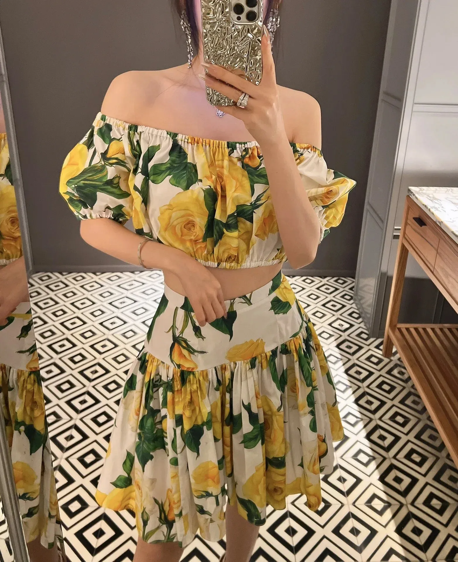 Yellow Floral Two Piece Short Skirt Set Spring/Summer, Premium Quality,  Shop Now!
