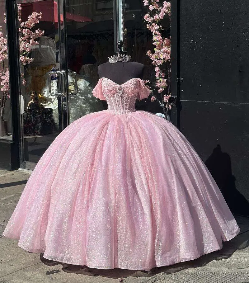 Off Shoulder Sleeveless Beaded Bow Knot Pink Glitter Sweet 15 Quinceañera Dress WQ1872