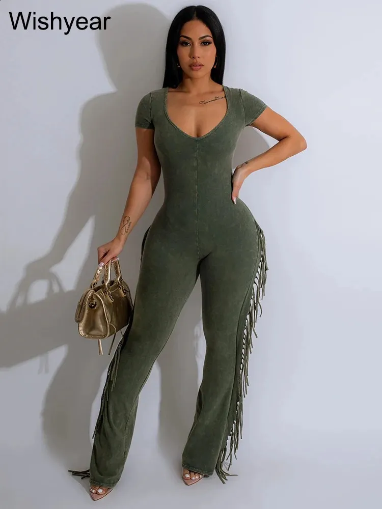 Sexy Green Tassel Jumpsuit Overall Short Sleeve V Neck Romper Club Outfit