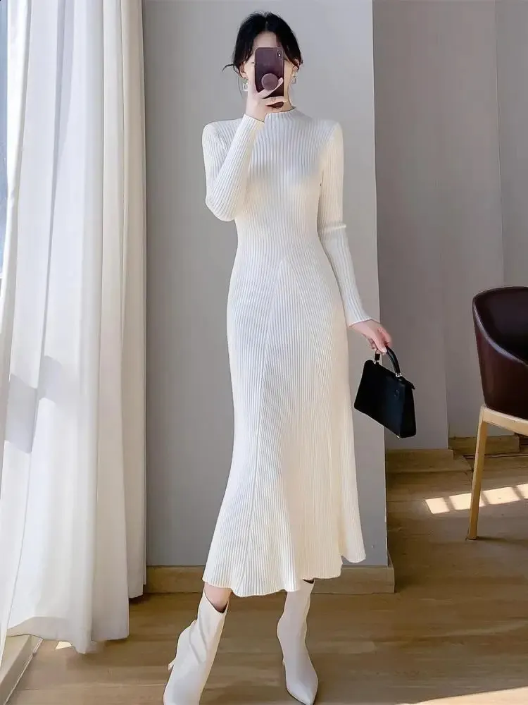 Women's Long Flowing Black Cocktail Dress with White Boots and Cell Phone Turtleneck Sweater Dress Midi: Womens A Line Knit Dress, Casual Warm Half  Turtleneck Autumn Winter Party Clothing From Sereinstore, $23.36 In Bulk |  DHgate.Com