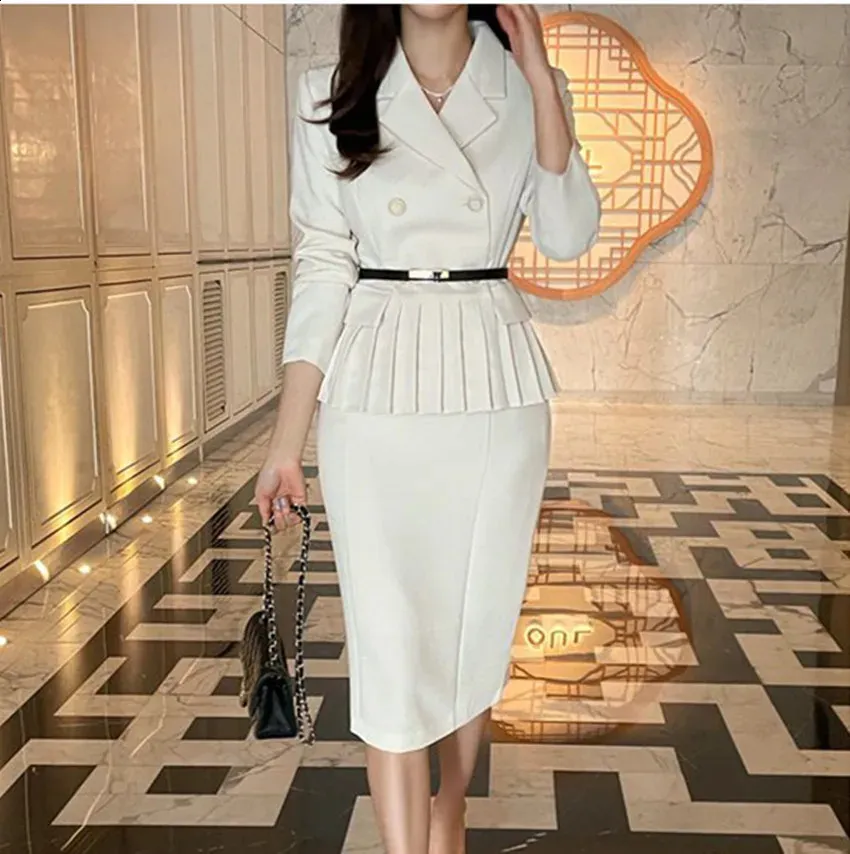 Women's 2-Piece Skirt Suit – Ruffle Blazer Jacket & Pencil Skirt Set – Office Work Wear (M-4XL)