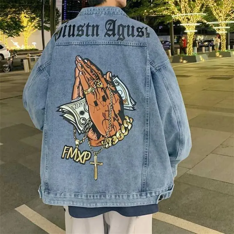 Harajuku oversized printed denim jacket mens Y2K high street trend