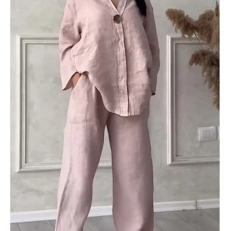 Linen Pant Set Womens Spring Autumn Cotton Linen Two Piece Pant Set — free download