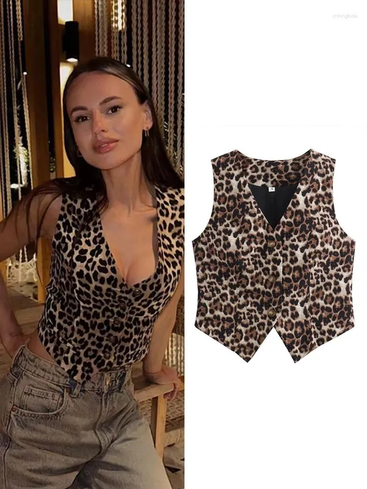 Women s Leopard Print Vests Sleeveless Chic Cropped Waistcoat for Office Ladies