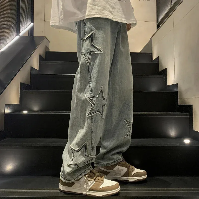 Men's Star Embroidery Straight Casual Jeans Baggy Wide Denim Pants