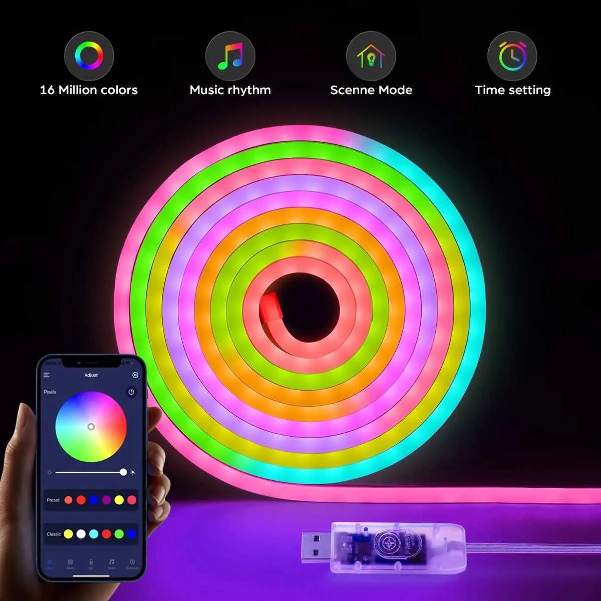 5M LED NEON RGB MAGIC, 5M LED Neon RGB Strip Light – USB Powered, Smart App Remote Control, Music Sync, Multicolor Lighting(2600 - View #3