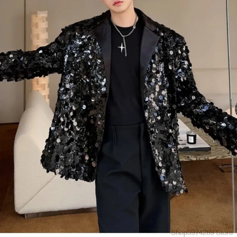 Blazer Homme Paillettes Glitter - Veste De Costume élégante Pour Fête, Mariage, Soirée, Manches Longues, Col Classique, Polyester