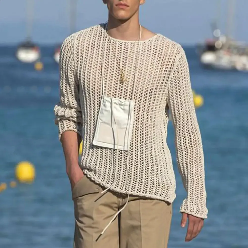 Knitted Men's Mesh zz top with Long Sleeves and Round Knitted Men's Mesh zz top with Long Sleeves and Round