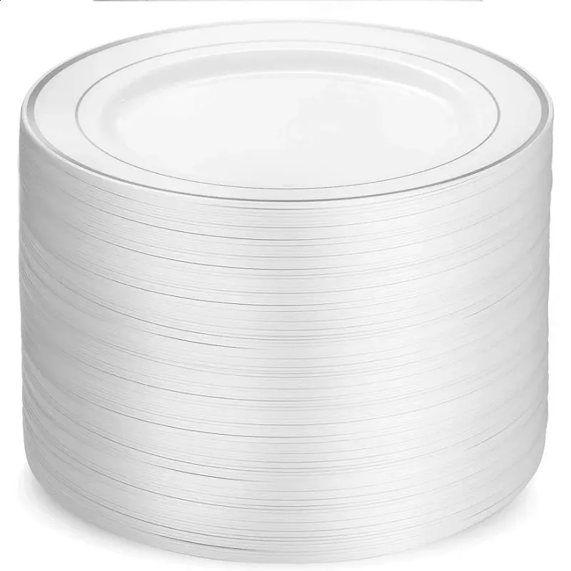 Plastic Party Plates with White Silver Rims, Premium Heavy-Duty, 10.25 ...