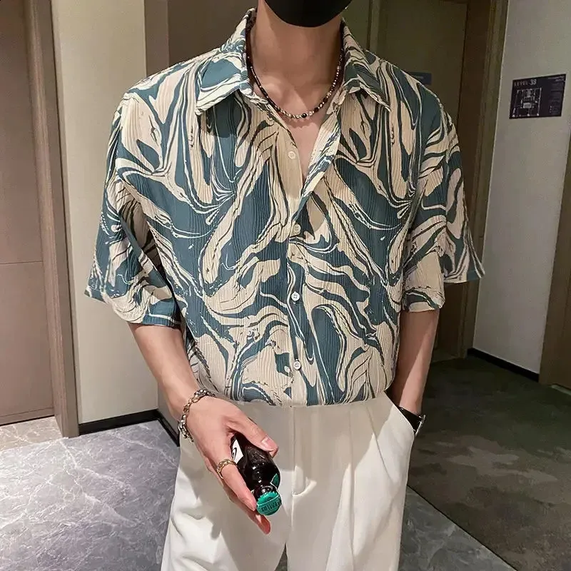 Japanese Button Shirt: Mens Summer Ice Silk Flower Shirt, Short