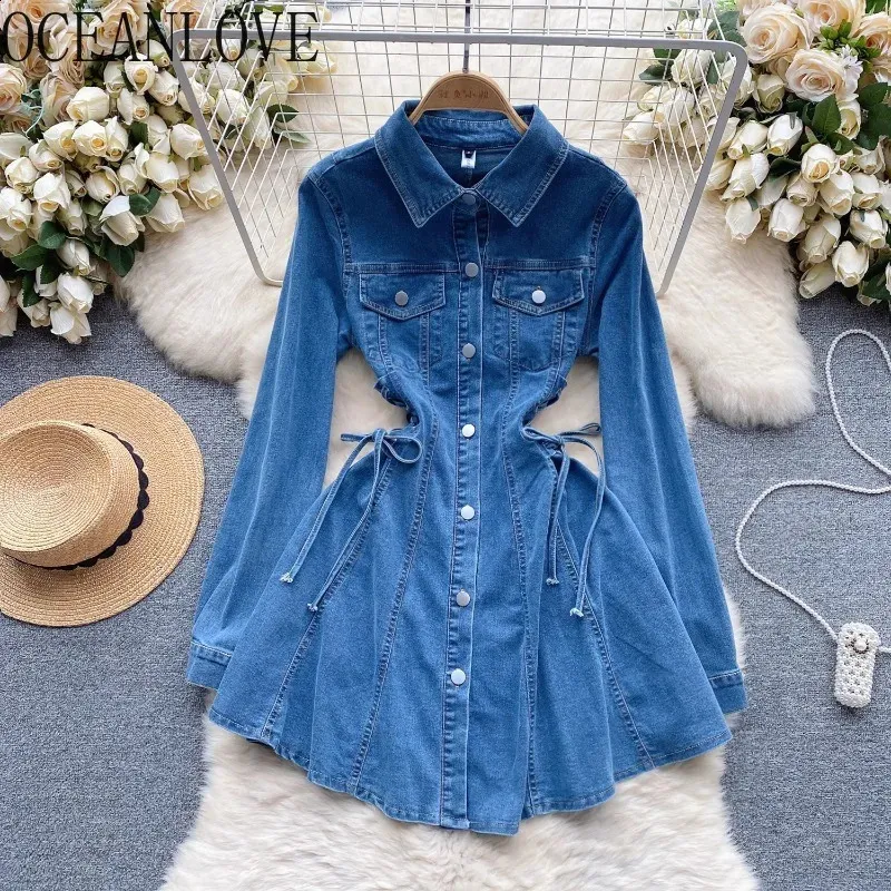 Ameri　ADORABLE BACK RIBBON DENIM DRESS OCEANLOVE Women's Denim Bandage denim dress - Solid