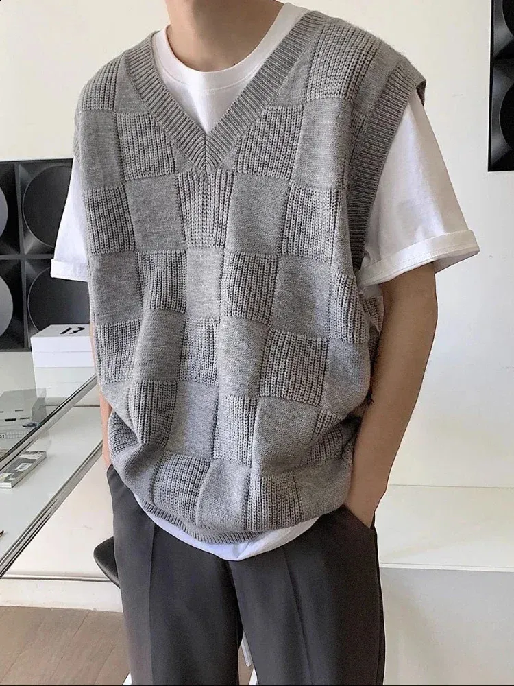 Save Big on Bulk Plaid Sweater Vest Mens Mens Plaid Sweater Knit Vest:  Loose Fit Sleeveless Waistcoat, Solid Color Casual Knitwear Japanese Retro 