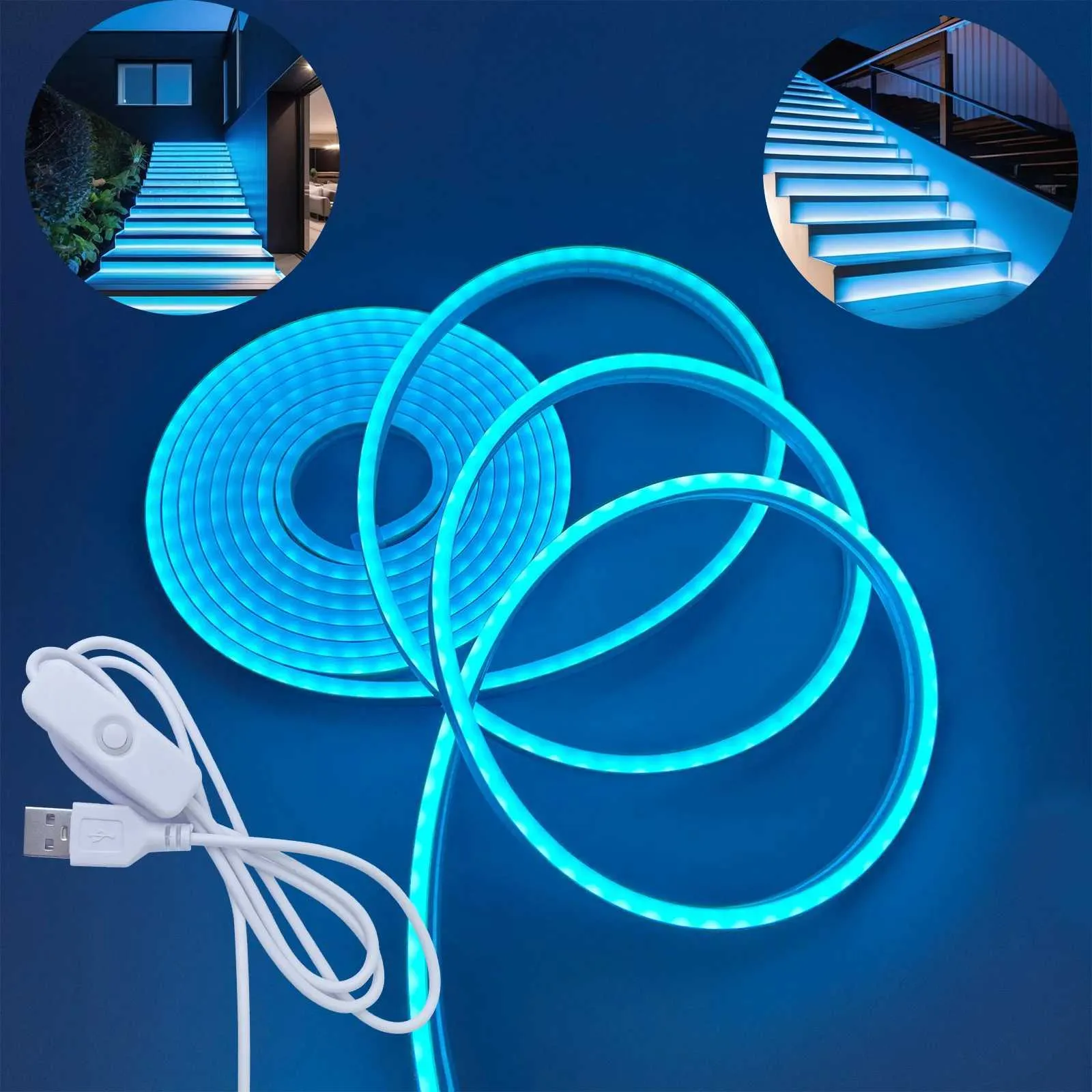 Flexible Ice Blue LED Neon Strip - USB Powered, Adjustable Brightness ...