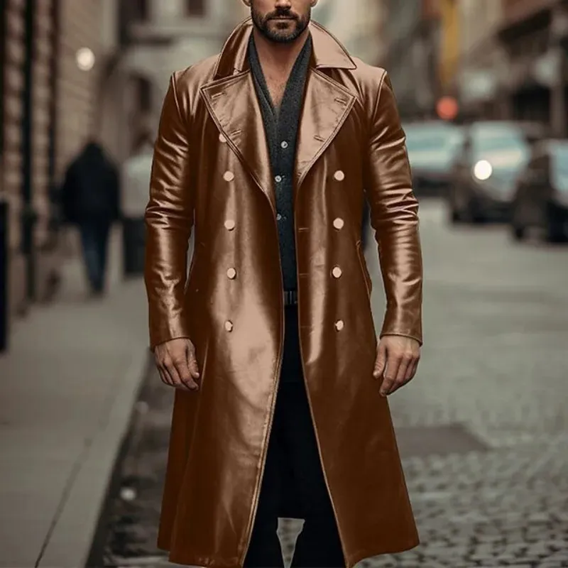 Mens Retro PU Leather Gothic Double Chest Pocket Trench