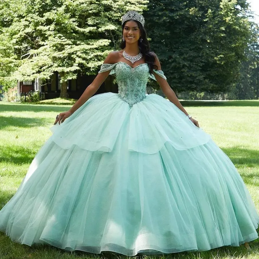 Elgant Mint Green Aqua Green Quinceanera Dresses With Off Shoulder Design And Croset Back Perfect For Sweet 16 Prom And Pageants Vestido XV Anos From Bestbrides 160 DHgate.Com