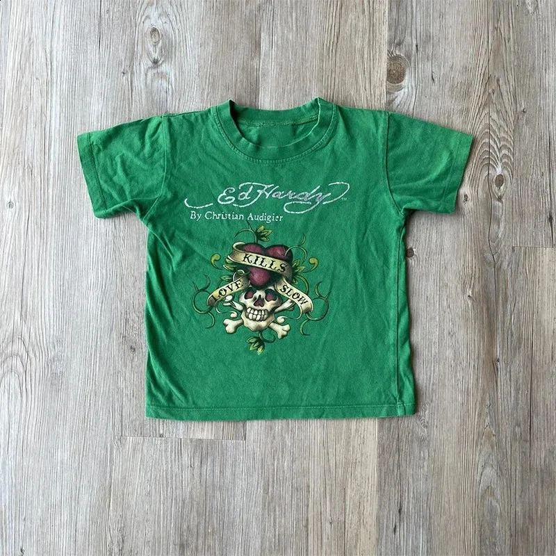 トップス Y2K scull punk long t-shirt green grunge Y2k Grunge T Shirt Vintage Graphic Long Sleeve Gothic Baggy