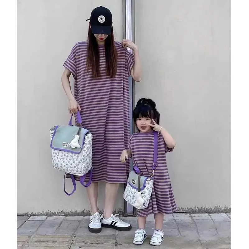 Cotton Purple Striped Print Mommy and Me Matching Dresses from