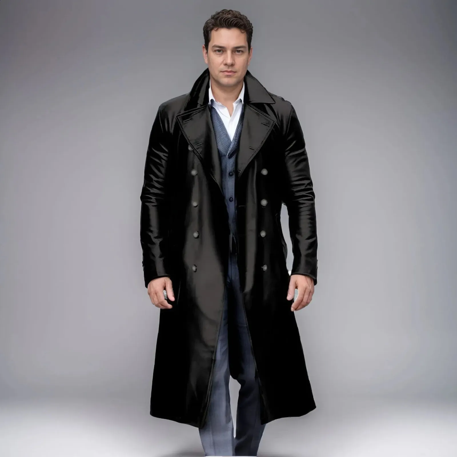 FREEDOM rum leather long trench coat ダブル Mens Long Leather Trench Coat Slim Fit Notched Collar