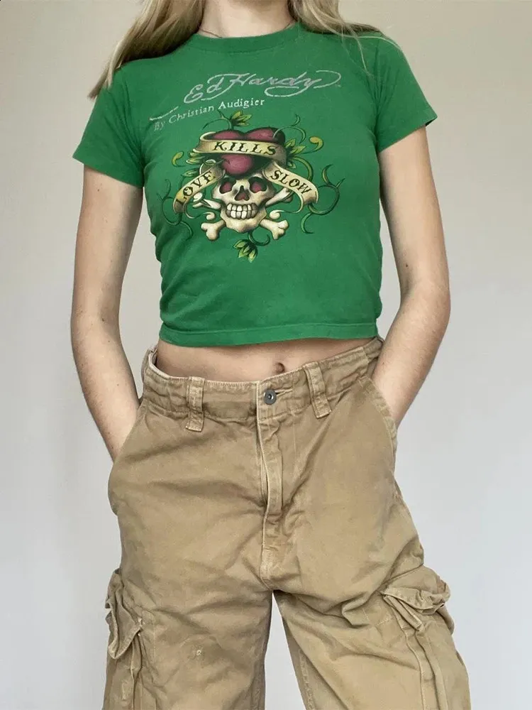 Skeletons Graphic Print Gothic Streetwear Green Crop Top