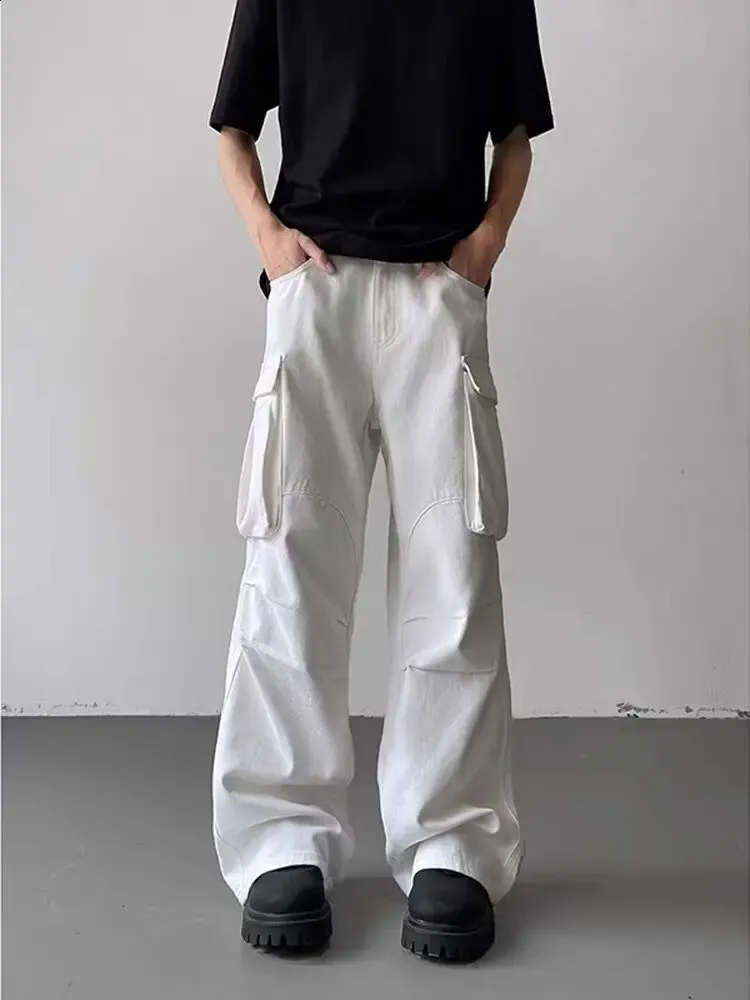 Mens Y2K Cargo Pants White Pleated Baggy Wide Leg Casual