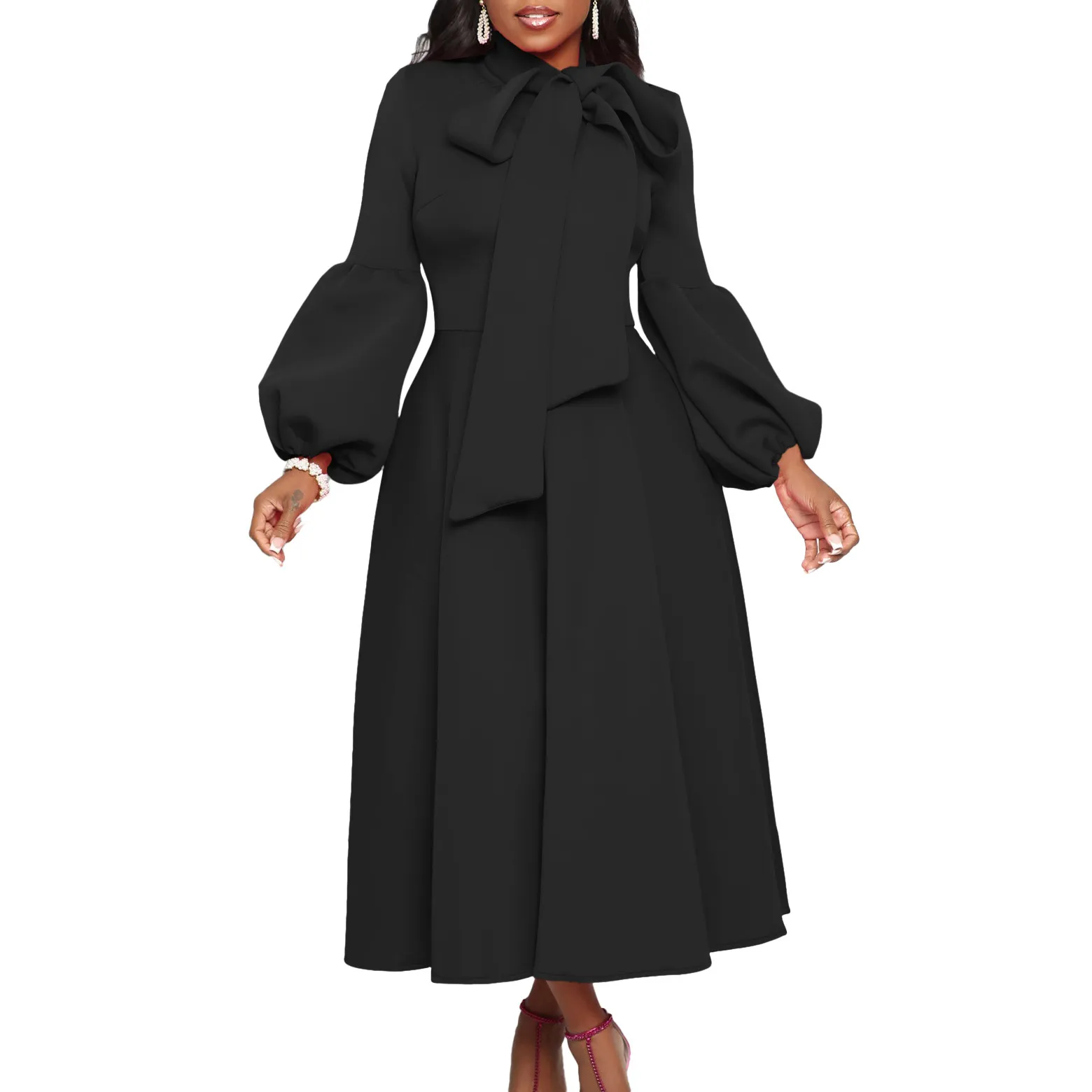 Women's Casual Crewneck Long Dresses Flowy Long Sleeve Tiered Swing...