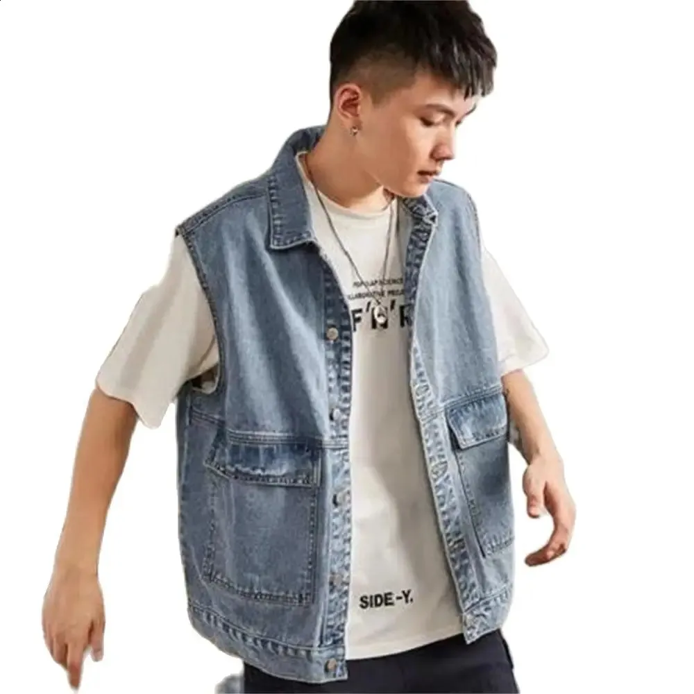 Gilet En Jean Homme Sans Manches Vintage - Veste Denim Cowboy Blanc Décontractée