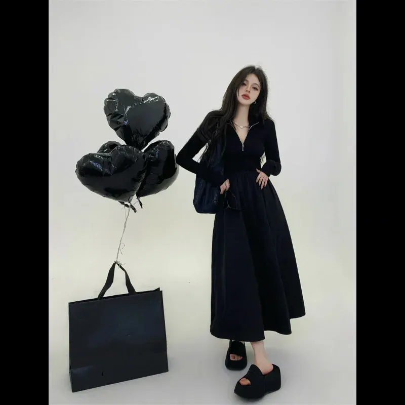 TKNOLEGE Vintage Korean Style Black Tunic Tender Black midi dress for Women - Elegant, Slim, and Perfect for Parties and Holidays