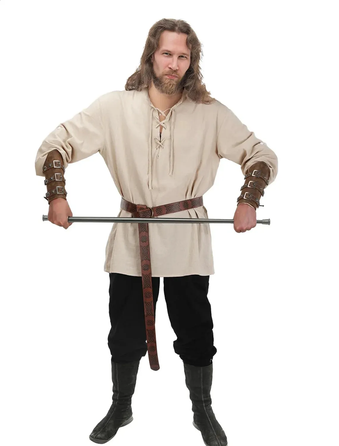 6-Piece Men's Renaissance Pirate Costume Set – Medieval Shirt, Vest, Pants, Belt, Headscarf & Eye Patch For Halloween
