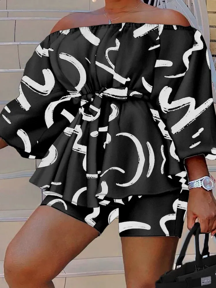 Save Big on Bulk Women's Plus Size Piece Sets Plus Size Two Piece Sets:  Women's Casual Print Peplum Top And Belted Shorts Outfit Lightweight Summer 