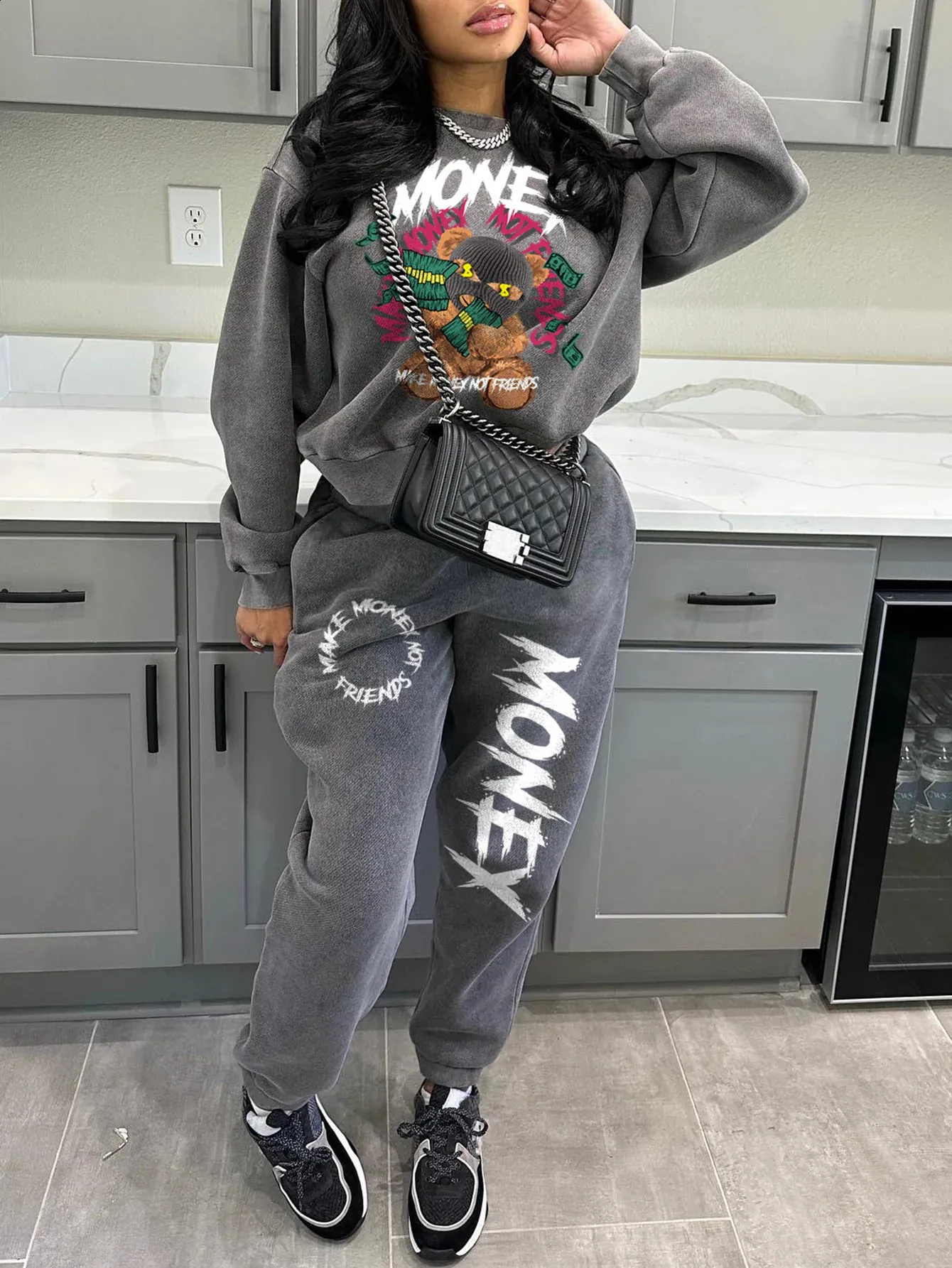 Plus Size Tracksuit Set: Women's Autumn Hoodie Pants Outfit, Letter  Print, Oversized Sweatshirt, Casual Sportswear Buy Now! - Main Image