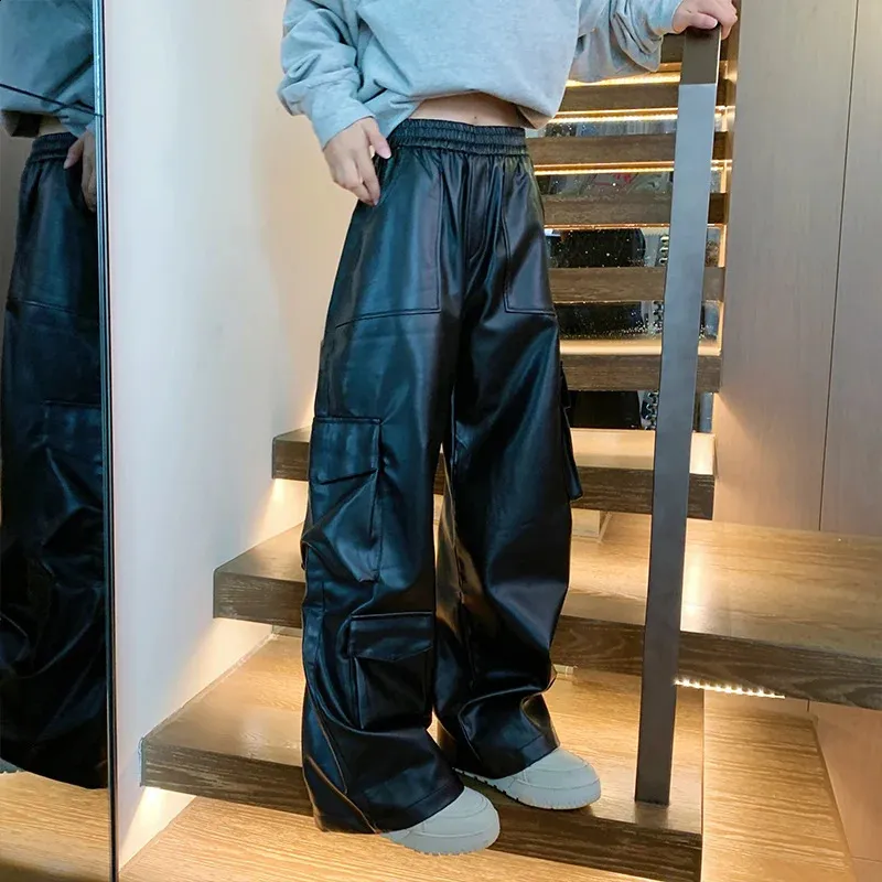 【M】LAST NEST Baggy Leather Cargo Pants Mens Faux Leather Pants: Loose Wide Leg Pleated Cargo Pants