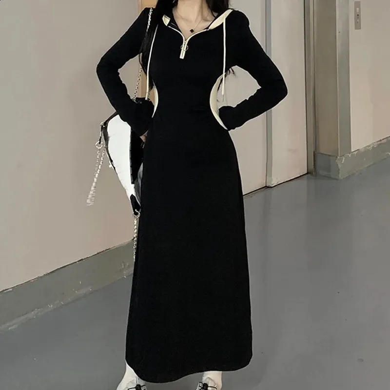 Harajuku Solid Korean Black Hooded Sweatshirt dress with Long Sleeves for Women - Casual Loose Fit Streetwear Pullover (240816)
