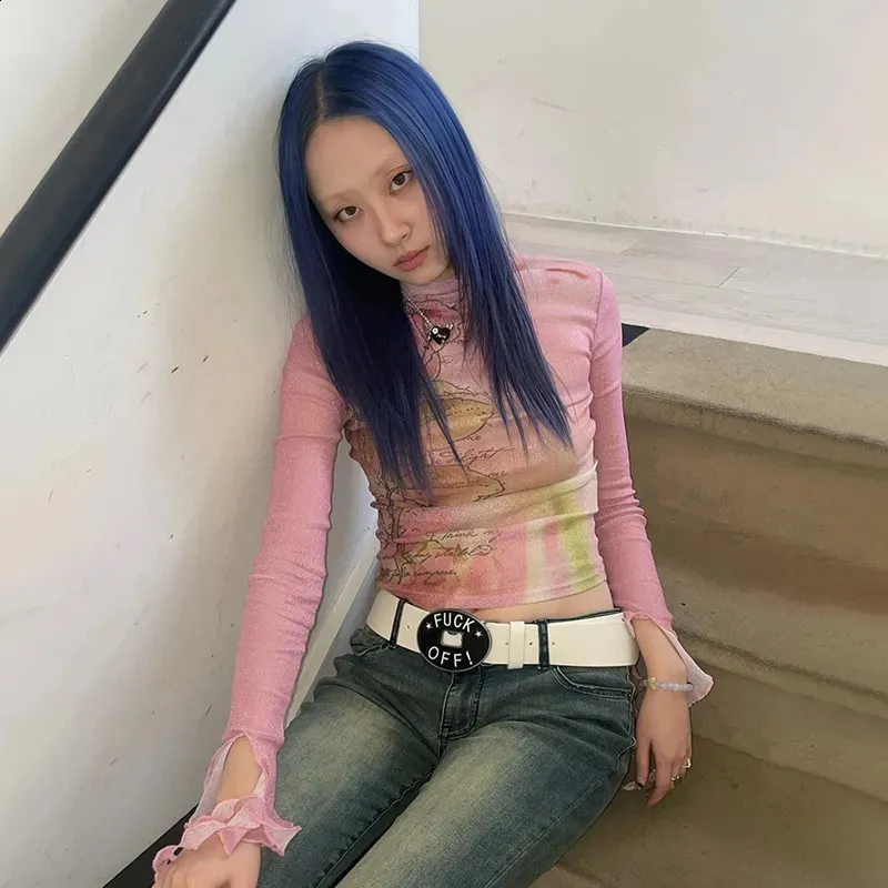 Karrram Japanese Y2K Mesh Crop Tops Sheer Long From