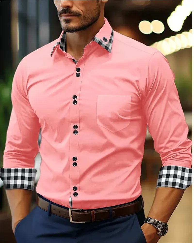 Camisas De Mosaico Para Hombres Botón De Color A Cuadros De Manga Larga:  Elegante Camisa De Solapa Para Hombres De Moda Casual En Negro, Blanco,  Rosa, Burdeos, Talla Grande 6xl De 20,98, image size:800x1000