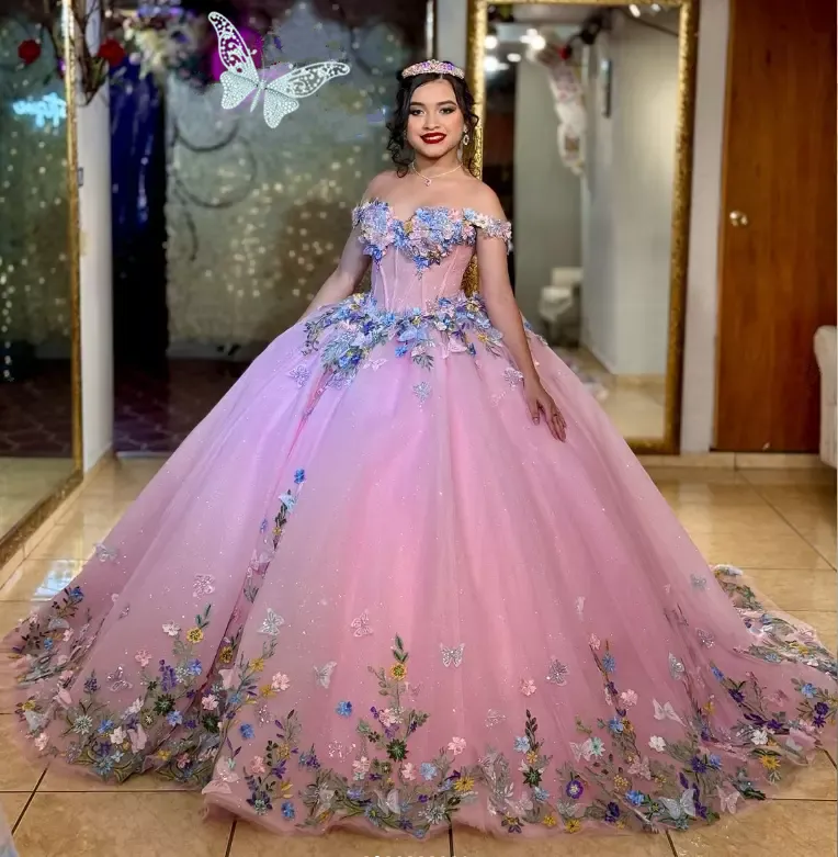 Off Shoulder Sleeveless Flower Appliques Pink Sweet 16 Quinceanera Dress WQ1266