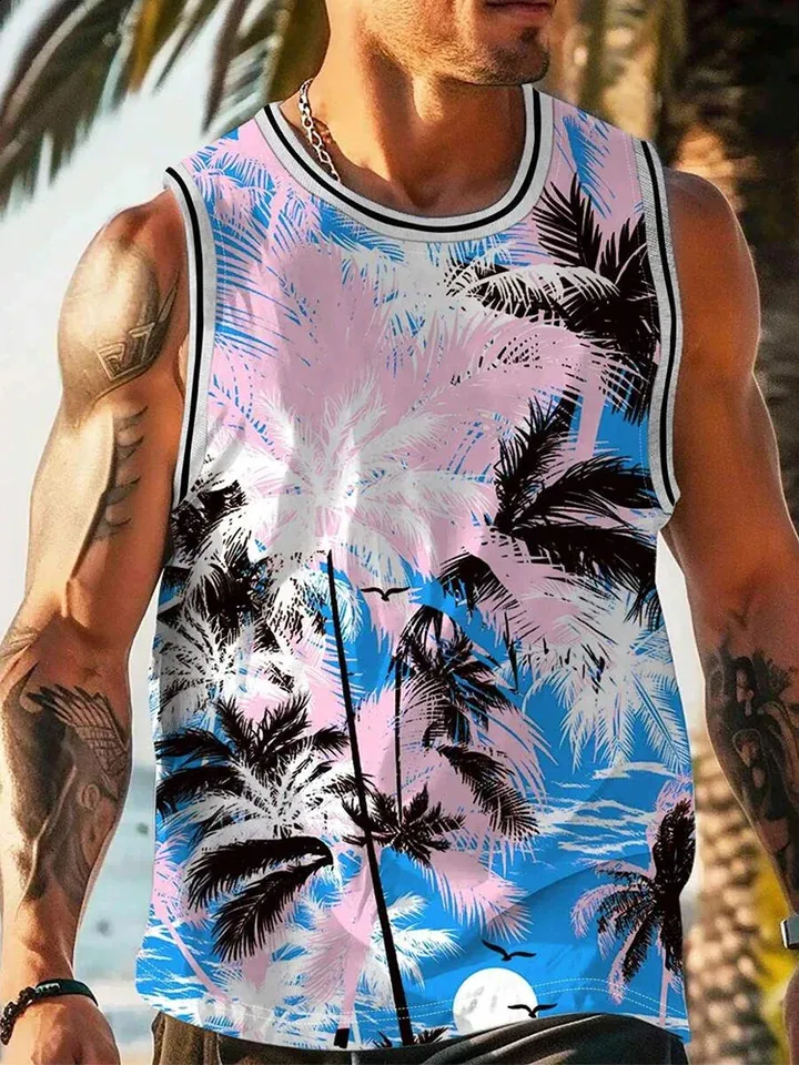 Light Royal Blue Track Gym Beach Brunch Jogger Vests For Mens Summer Fall Sleeveless Crewneck Loose Fit Hawaiian Camisole Tank Tropical Top Vests Man 2025 Clothes Trendy 3XL