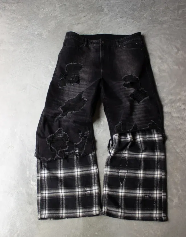 Patchwork Straight Leg Jeans Plaid Wide Leg Denim | DHgate