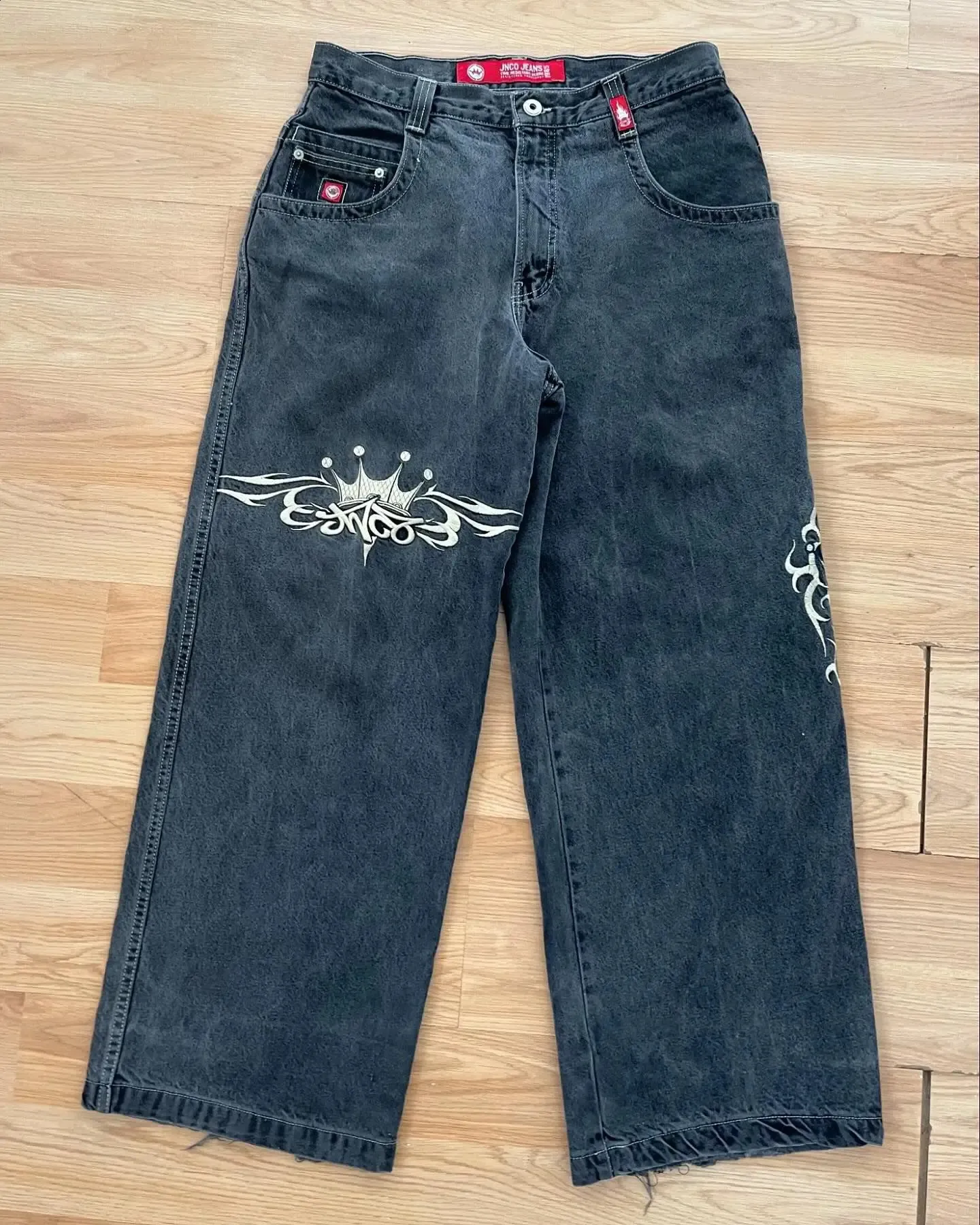 Y2K Baggy Jeans - Retro Hip Hop Streetwear, Crown Embroidery