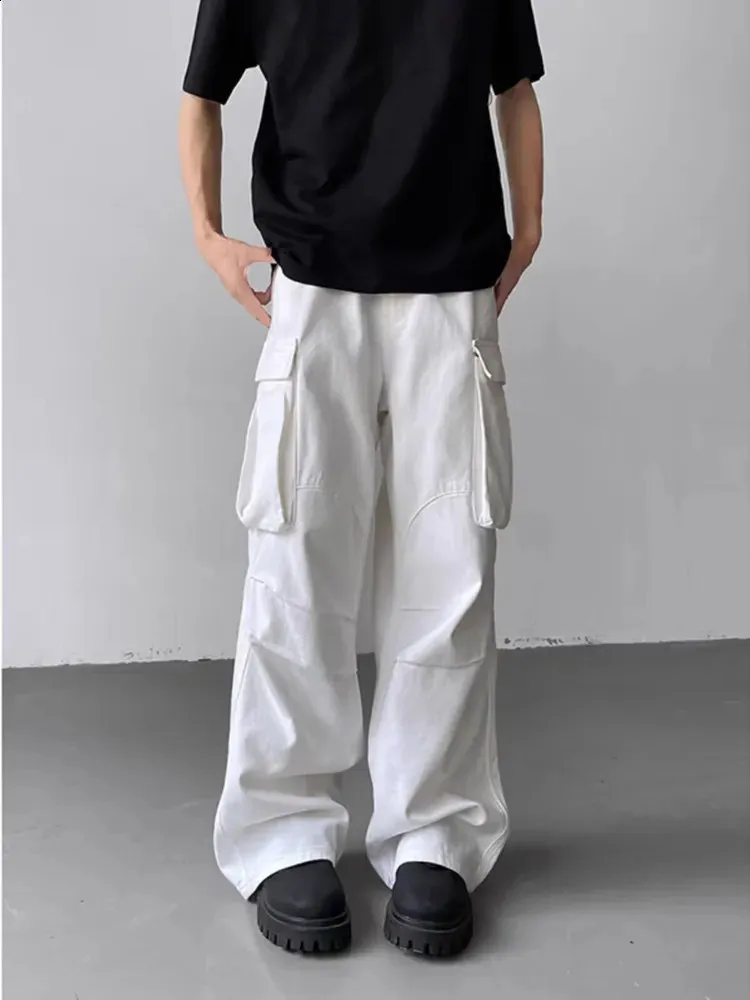 White Mens Baggy Pleated Trousers Mens Y2K Cargo Pants White