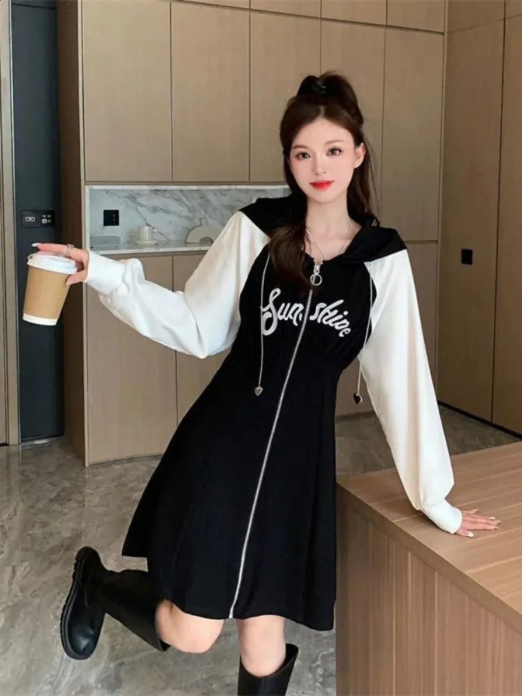 Korean Style Oversized Hooded dress for Women - QWEEK Preppy Style School Student Casual Sport Mini Short dress (Autumn 240816)