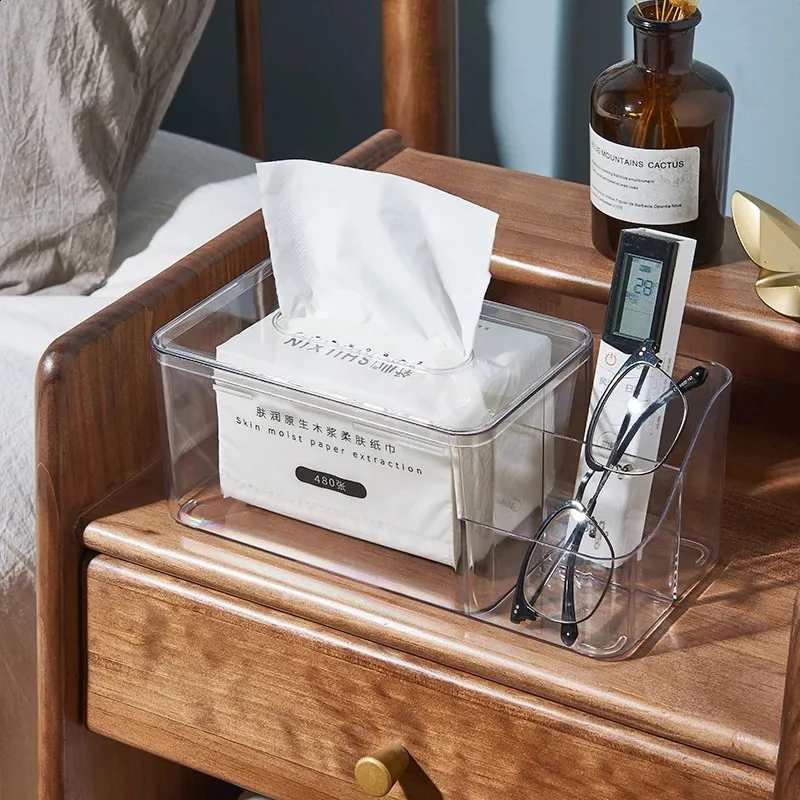 PU Leather Tissue Box Cover With Storage – Square Organizer For Tissues & Remotes, Fits Office, Bedroom, Desk
