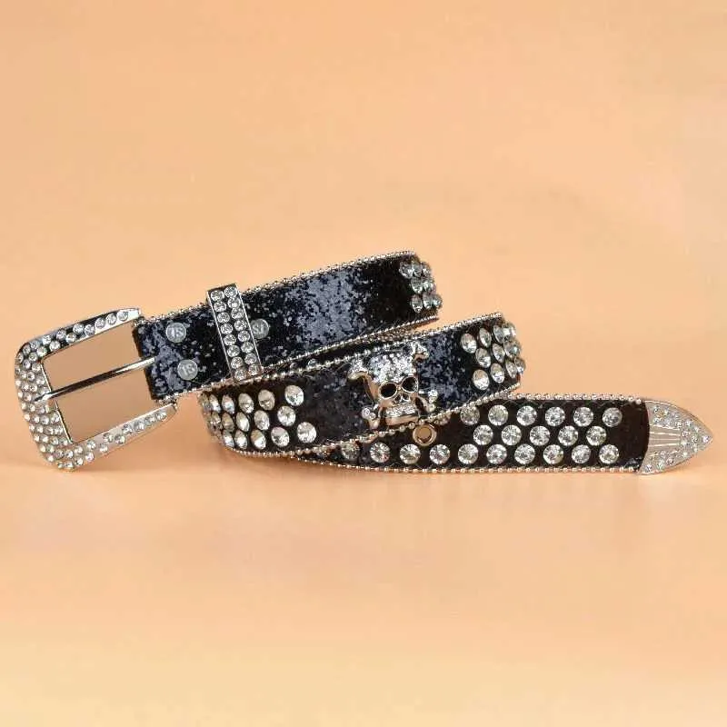 Skull Rhinestone Belt with Genuine Leather and Golden Buckle  display picture 3