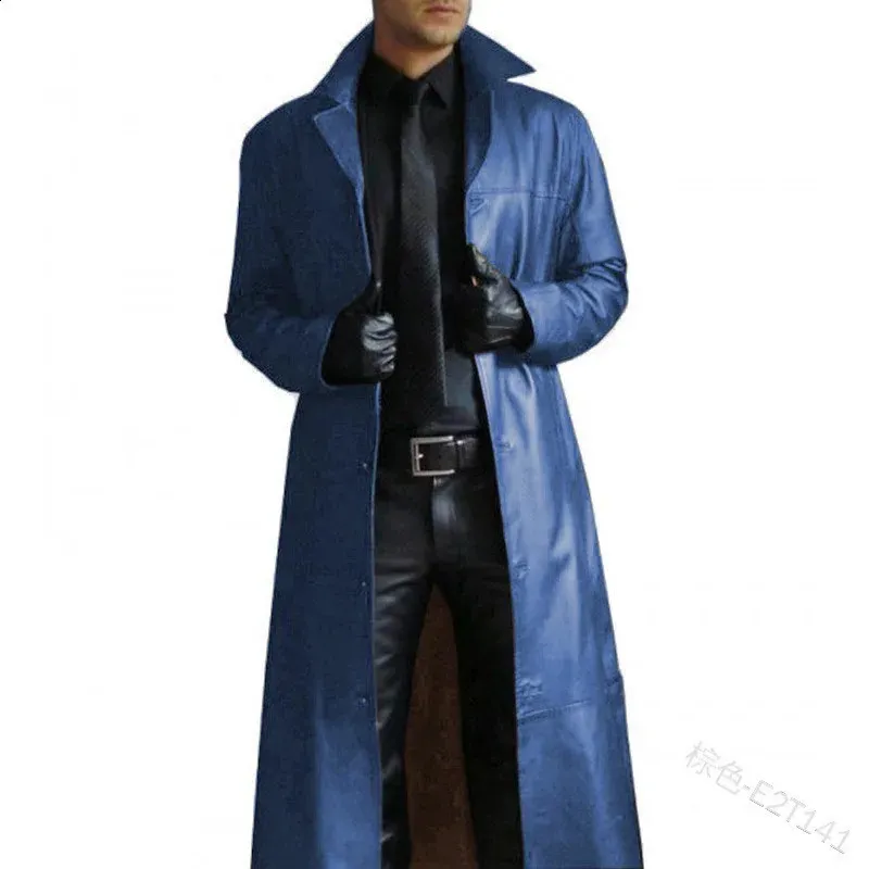 2024 Mens Long PU Leather Coat Ultra Thin Fit Solid Color Leather