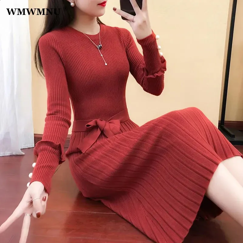 Elegant Korean Knitted Sweater Dress: Lace-up Midi Pleated Dress for Autumn  Winter